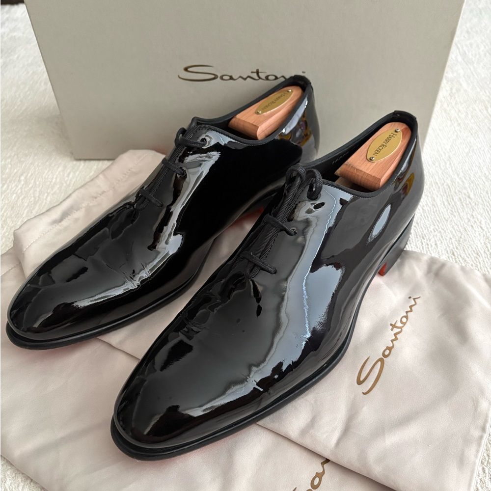 Santoni Men's Black Patent Leather Lace-Up Dress Shoes